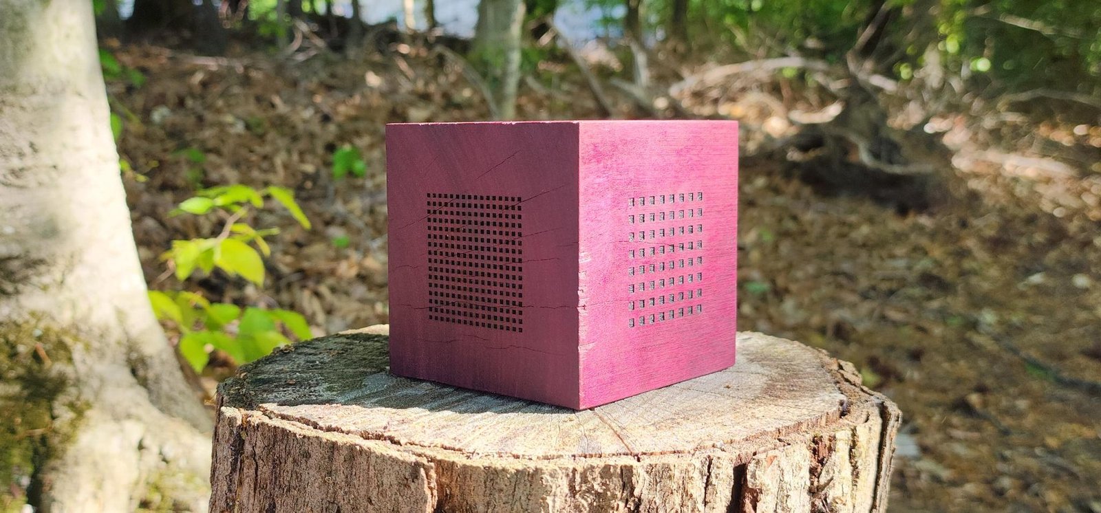 Two engraved faces: dense 64-square grid and pinprick mesh — sunlight on purpleheart